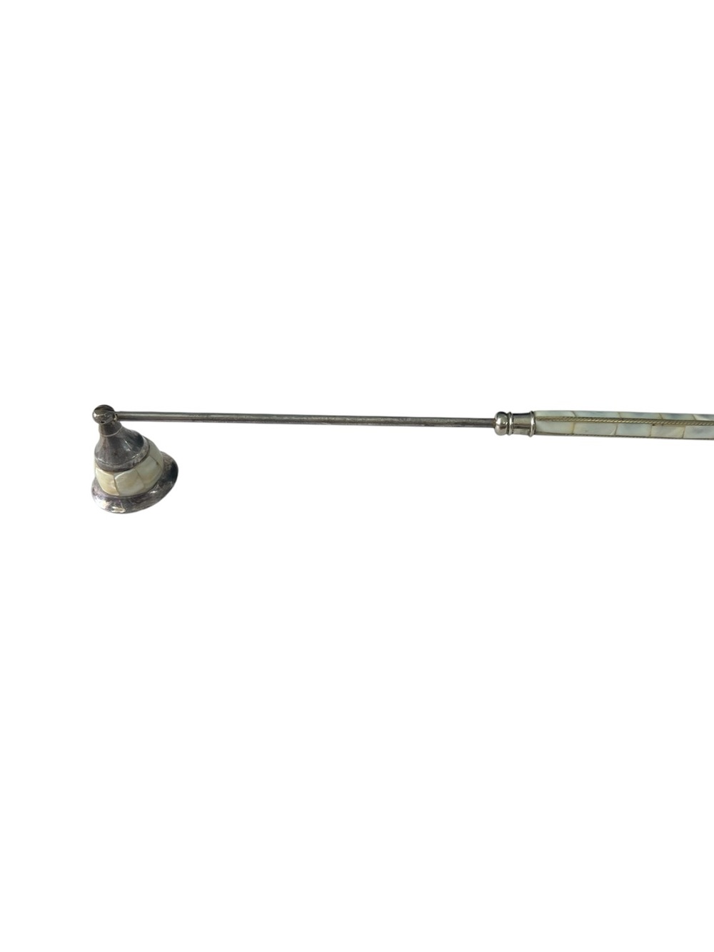 Vintage 12” Silver Plate & Mother of Pearl Inlay Candle Snuffer, Swivel Bell